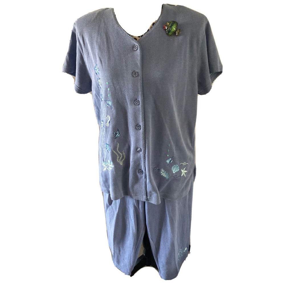 Kenneth Too Pants Set Size L 2 Piece Nautical Blue Embroidered Fish W/ Pin